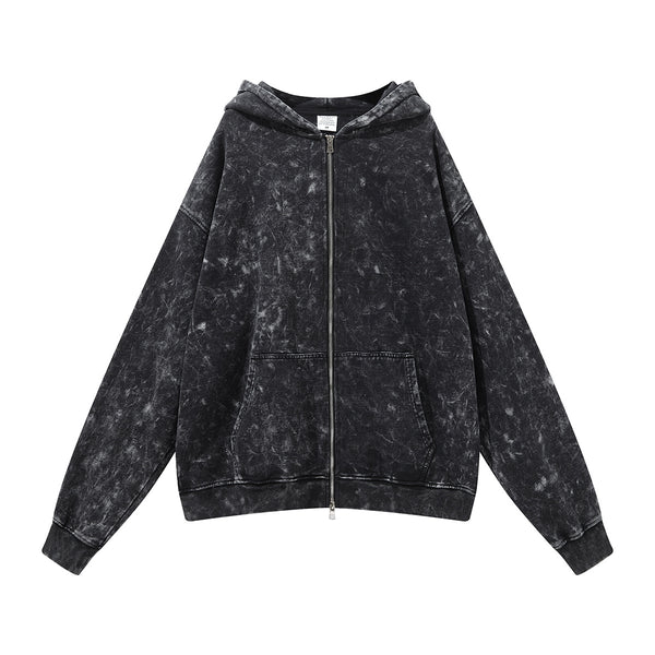 Cardigan Sudadera Holgada Negra Lavada Estilo Vintage para Hombre