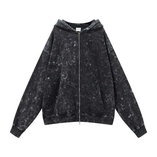 Cardigan Sudadera Holgada Negra Lavada Estilo Vintage para Hombre