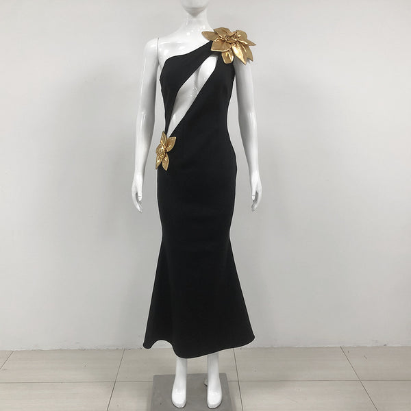 Vestido Largo Ajustado Flor Dorada con Efecto Bandage