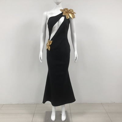 Vestido Largo Ajustado Flor Dorada con Efecto Bandage - Image 2