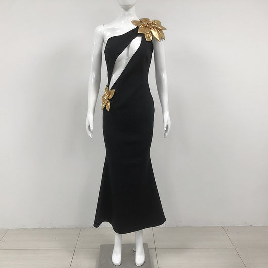 Vestido Largo Ajustado Flor Dorada con Efecto Bandage - Image 2