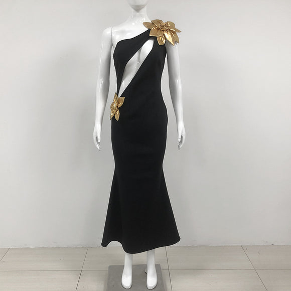 Vestido Largo Ajustado Flor Dorada con Efecto Bandage