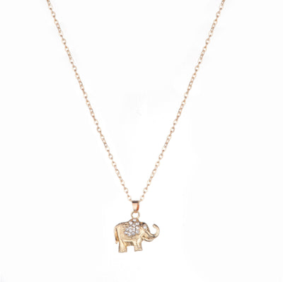 Rose gold-toned jewelry set with an elephant pendant necklace, matching rhinestone drop earrings, and a heart-knot ring. - Image 9