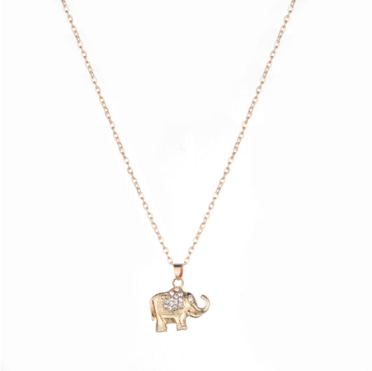 Rose gold-toned jewelry set with an elephant pendant necklace, matching rhinestone drop earrings, and a heart-knot ring. - Image 9