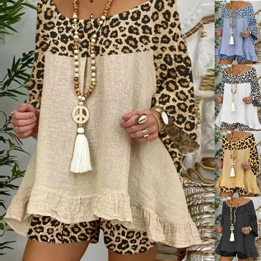 Traje Suelto Talla Grande con Estampado de Leopardo y Costuras Decorativas en Algodón y Lino - Image 14
