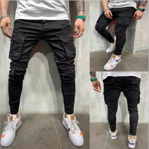 Pantalones Skinny Rotos con Múltiples Bolsillos y Tela Elastizada