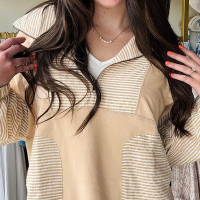 Blusa Holgada de Manga Larga con Rayas Patchwork y Hombro Descubierto