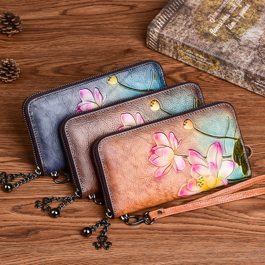 Monedero de Cuero Genuino con Cierre y Relieve Embossed para Mujer