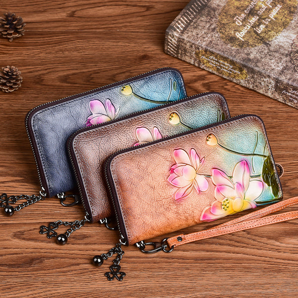 Monedero de Cuero Genuino con Cierre y Relieve Embossed para Mujer