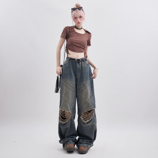 Pantalones Rectos Sueltos Rotos Estilo Retro para Mujer - Image 11