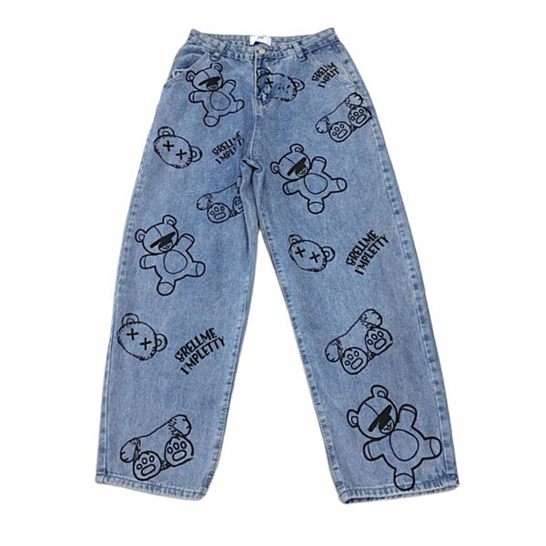 Pantalones Retro Estampado Caricatura Cintura Alta Ancho Cómodo