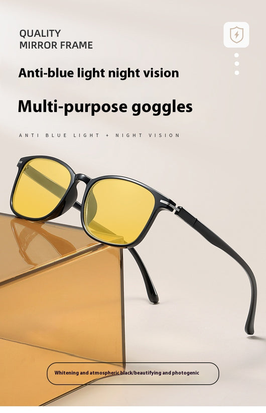 Purple frame glasses with yellow night vision lenses, featuring a subtle glitter effect on the temples. - Image 18