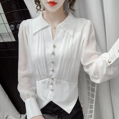 Blusa Casual de Gasa Manga Larga con Solapa Plisada para Mujer - Image 3