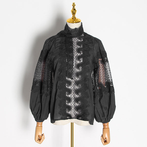 Camisa de Cuello Alto con Bordado Hueco - Estilo Profesional Reforzado