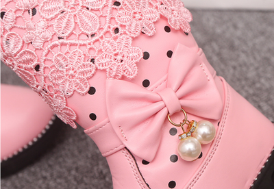 Pink girls' boots with lace trim, polka dots, side zippers, and decorative bows with pearl charms. - Image 15