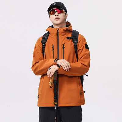 Man wearing a black windproof and waterproof outdoor jacket with a hood, sports sunglasses, and a bucket hat, holding a trekking pole. - Image 5