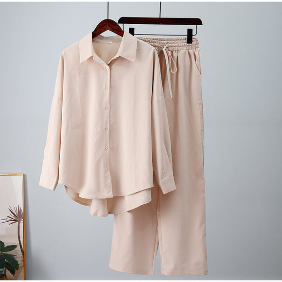 Conjunto Casual Otoño-Invierno: Camisa Suelta Manga Larga y Pantalón Ancho