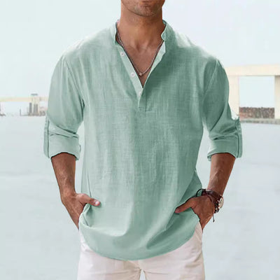 Camisa de Lino Hombre Cuello Mao Manga Larga Suelta