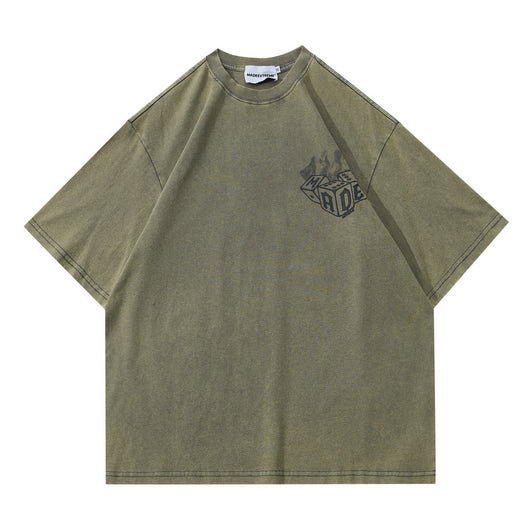 Camiseta Hombre Retro Street Dados en Llamas Desteñida Estampada - Image 9