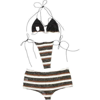 Women's fashion sexy halter lace-up striped bikini three-piece suit with brown, black, and white stripes. - Image 9