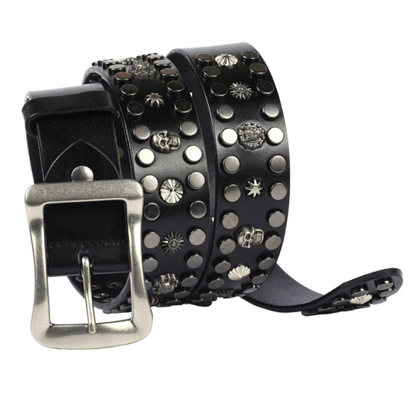 Cinturón de Cuero Genuino Punk con Calavera y Remaches - Hebilla Japonesa Estilo Europeo