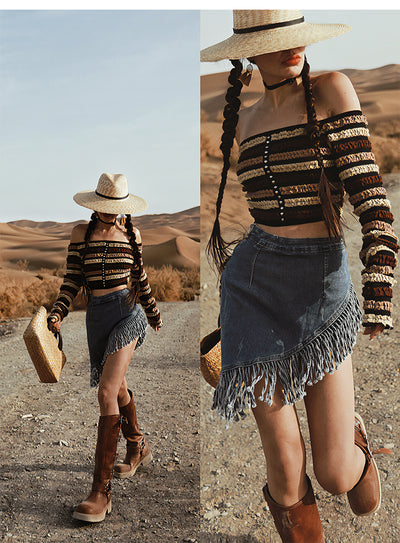 Falda Denim Retro Irregular con Flecos - Image 10