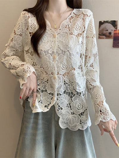 Blusa Larga de Encaje Calado con Mangas Largas para Mujer - Image 3