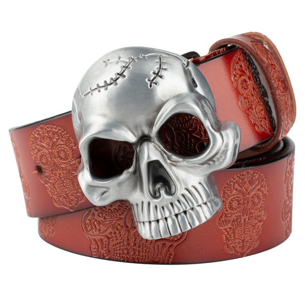 Cinturón de Cuero con Calavera Grabada y Hebilla Cráneo Pulido