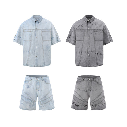 Conjunto de Camisa y Shorts Denim Retro Desgastado para Verano - Image 2