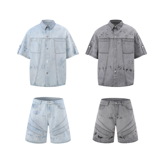 Conjunto de Camisa y Shorts Denim Retro Desgastado para Verano