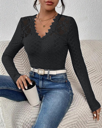 Blusa Elegante de Manga Larga con Panel de Encaje y Cuello en V para Mujer - Image 10