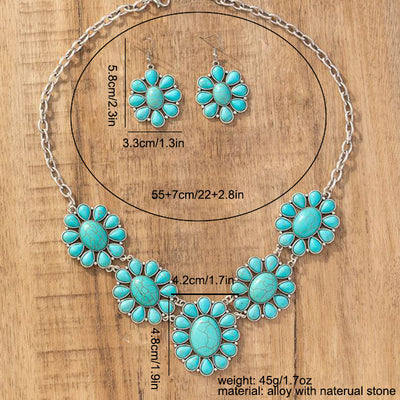 Vintage-style silver-tone necklace and dangle earrings set with oval frames and marbled blue and yellow stones. - Image 7
