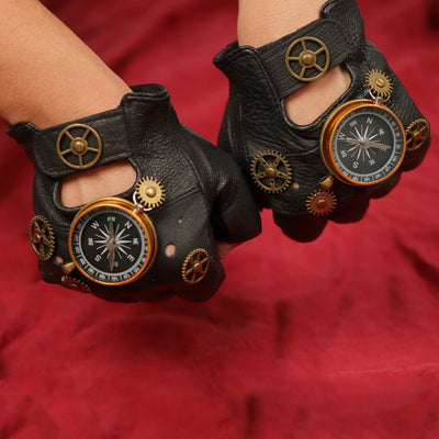 Guantes Steampunk de Cuero Vintage con Brújula - Estilo Retro Medio Dedo - Image 9