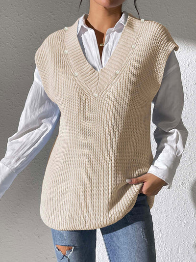 Chaleco Tejido con Perlas en Escote V - Elegancia Minimalista - Image 9