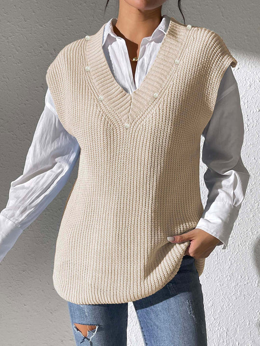 Chaleco Tejido con Perlas en Escote V - Elegancia Minimalista - Image 9
