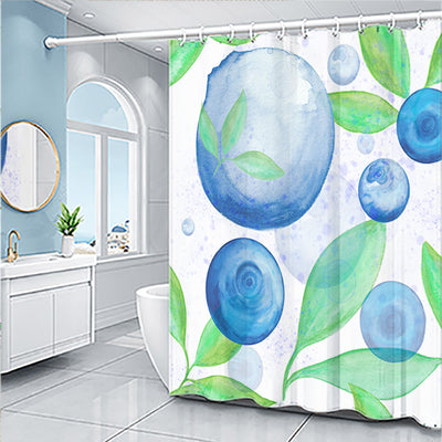 Light blue shower curtain with a repeating pattern of yellow pineapples and light green tops.