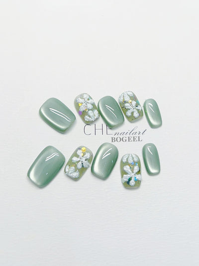 Uñas Postizas con Diseño Floral 3D - Efecto Ojo de Gato Verde - Image 6