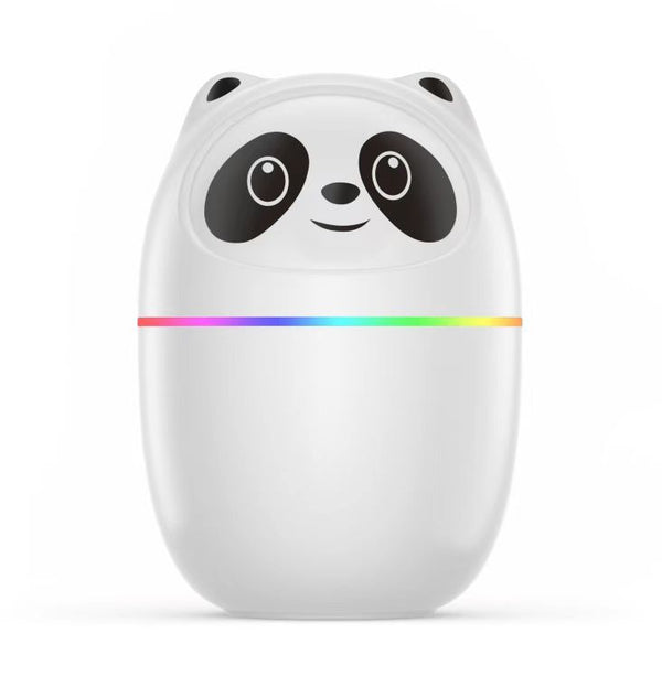 Pink panda mini humidifier with a smiling face and a rainbow LED light band around its middle. - Image 5