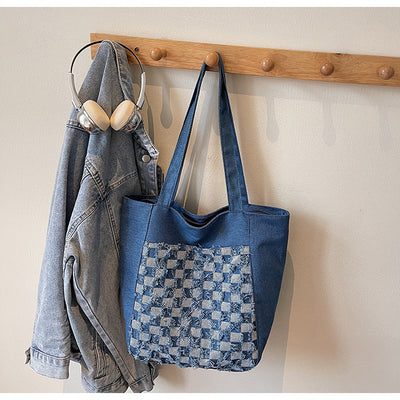 Bolsa Tote de Mezclilla Lavada con Patrón Escocés y Gran Capacidad - Image 27