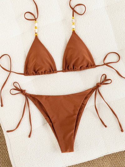 Solid brown two-piece bikini with triangle top and tie-side bottoms, featuring decorative beads on the top straps. - Image 13