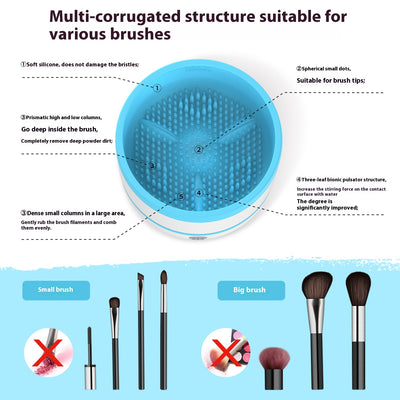 Automatic makeup brush cleaning device in white and light blue, actively cleaning a dark makeup brush. - Image 3