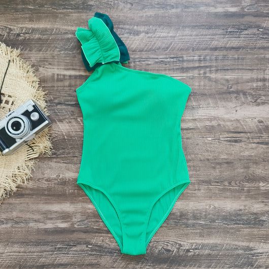 Black one-shoulder ribbed one-piece swimsuit with a ruffled blue and black strap, ideal for women's swimwear. - Image 43