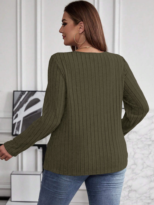Suéter Tipo Polera Plus Size Cuello V Cruzado Manga Larga Textura Acanalada - Image 16