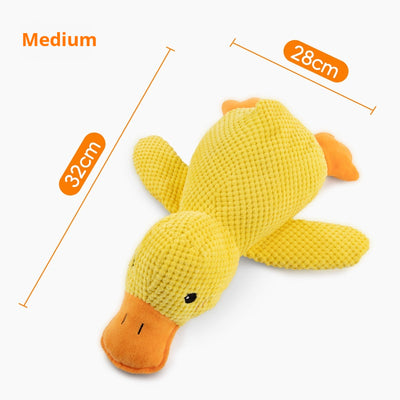 Yellow plush duck dog toy with ribbed texture, orange beak and feet, and black eyes, measuring 25cm long. - Image 6