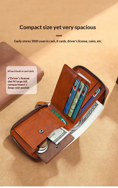 Cartera de Cuero Genuino para Hombre con Múltiples Compartimientos y Cierre de Cremallera - Image 9