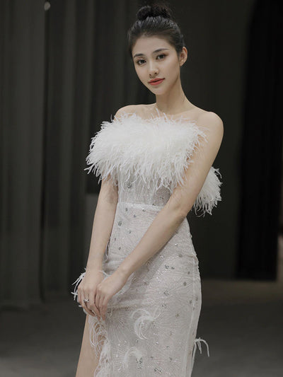 Vestido Fiesta Elegante sin Mangas con Plumas - Image 11
