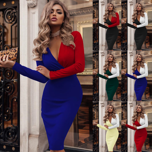 Falda Plisada Colorblock con Escote en V para Mujer