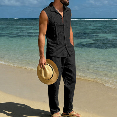 Conjunto de Lino Holgado para Hombre: Camisa sin Mangas y Pantalón Recto - Image 24