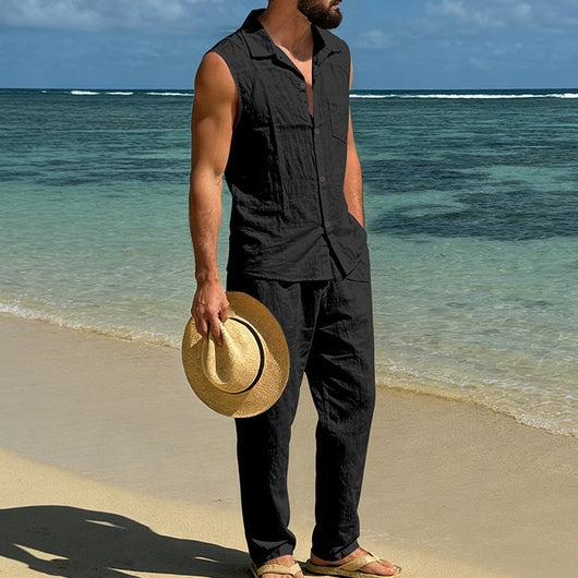 Conjunto de Lino Holgado para Hombre: Camisa sin Mangas y Pantalón Recto - Image 24
