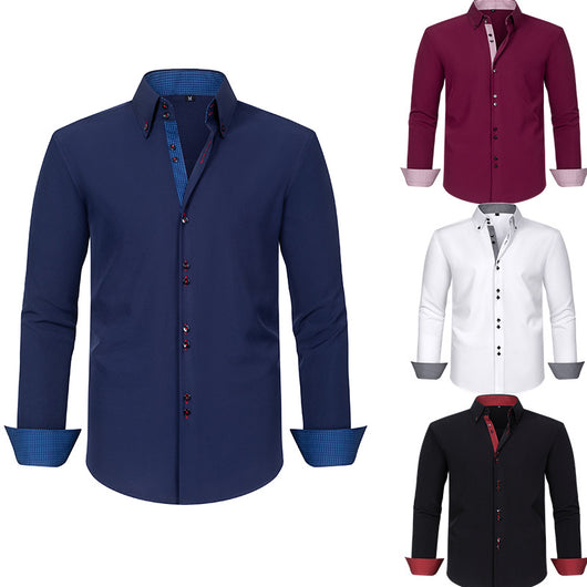 Camisa Hombre Estiramiento Cuádruple con Lunares y Bloques de Color
